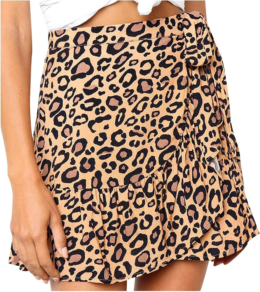 Mmeneyy Womens High Waist Ruffle Hem Tie Wrap Skirt Summer Casual A Line Overlap Skirt | Amazon (US)