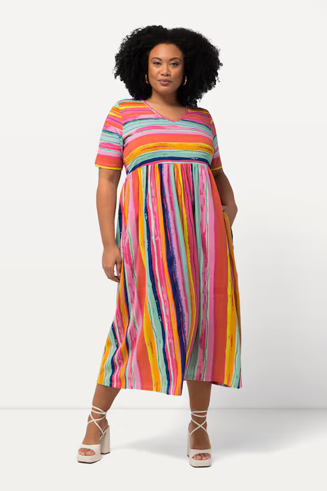 Rainbow Stripe Short Sleeve Pocket Empire Knit Dress | Ulla Popken - US