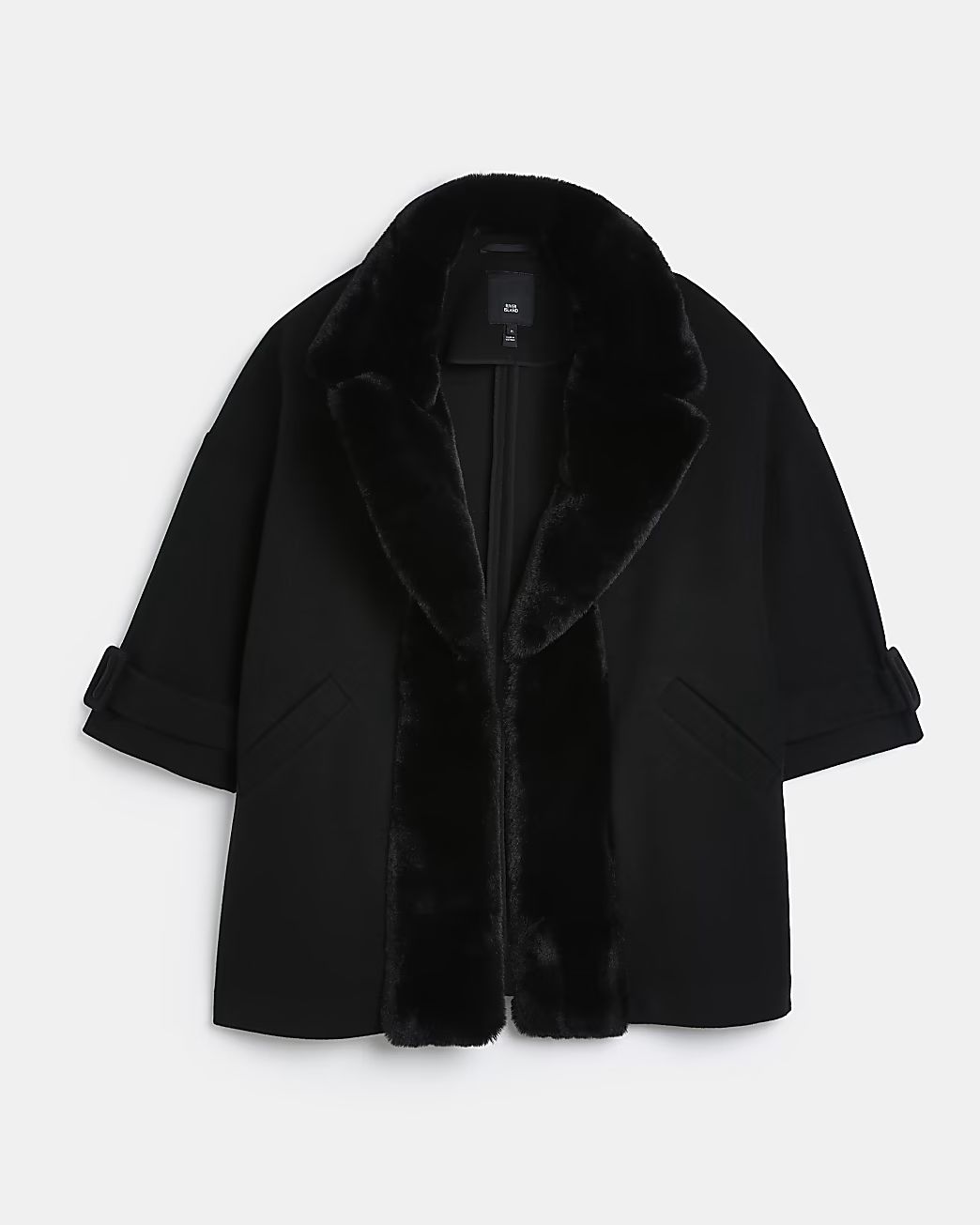 Black oversized faux fur trim coat | River Island (US)