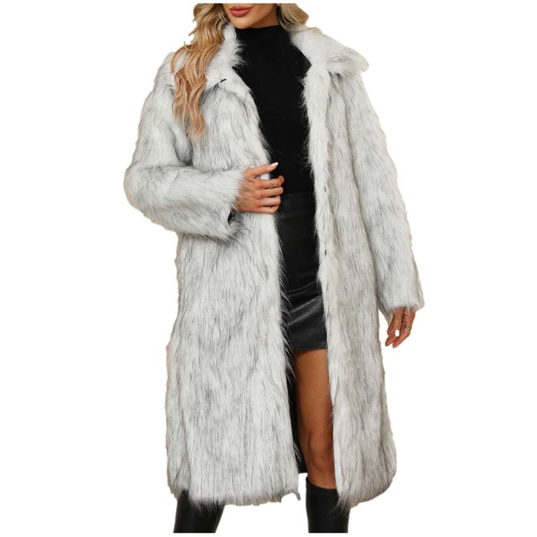 Womens Faux Fur Long Coat Solid Lapel Long Sleeve Shaggy Soft Overcoat Winter Warm Thicken Open F... | Walmart (US)