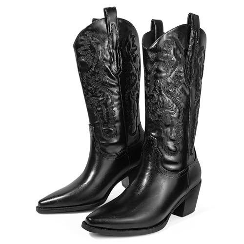 Ouepiano Black Cowboy Boots for Women - Wide Calf Cowgirl Boots Mid-Calf Western Boots with Classic Embroidered, Pointed Toe Slip On Chunky Heel for Country Concerts and Parties | Amazon (US)