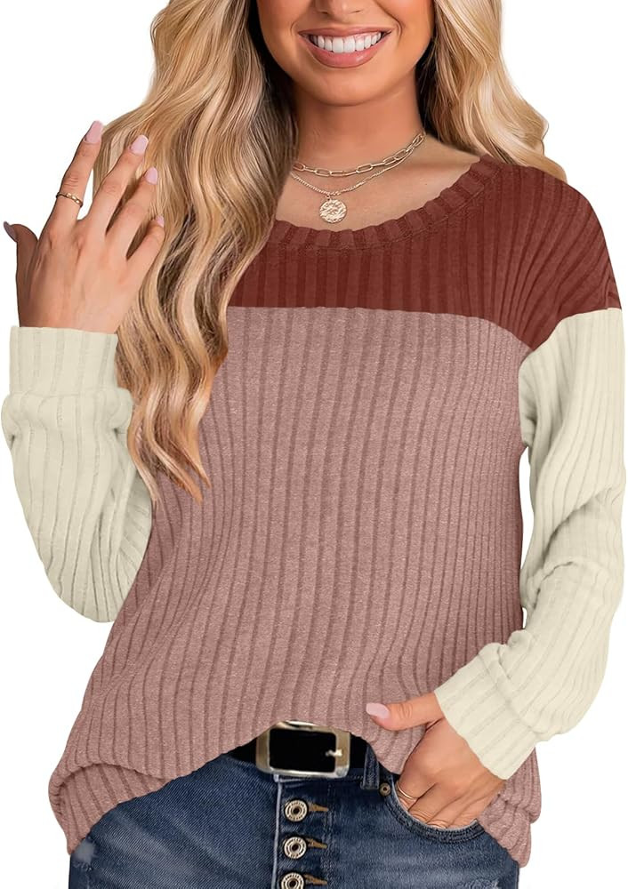 Womens Color Block Long Sleeve Tops 2024 Casual Fall Lightweight Tunic Sweaters Crew Neck Shirt | Amazon (US)