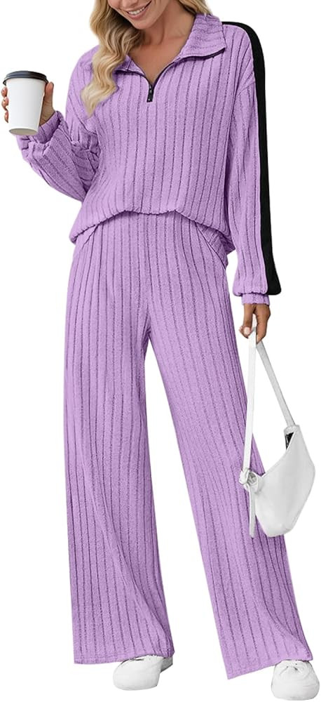 JUSTFASHIONNOW Womens 2 Piece Outfits Ribbed Knit Lounge Sets Cozy Half Zip Sweatsuit Sets Wide L... | Amazon (US)