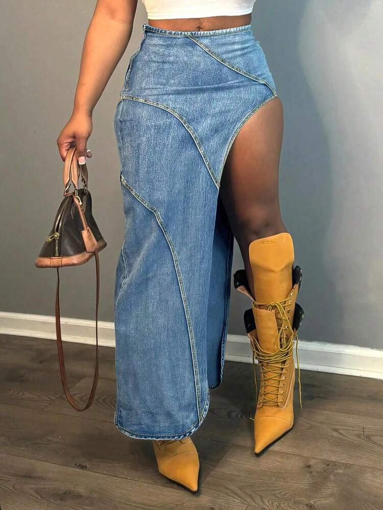 Women's Tight And Sexy Denim Skirt With Asymmetrical Slit And Pockets, Elastic Wrap Around The Hips, Tight And Fashionable Versatile Women's Denim Skirt | SHEIN