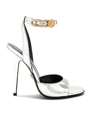 VERSACE Safety Pin Heel Sandals in Argento & Oro | FWRD | FWRD 