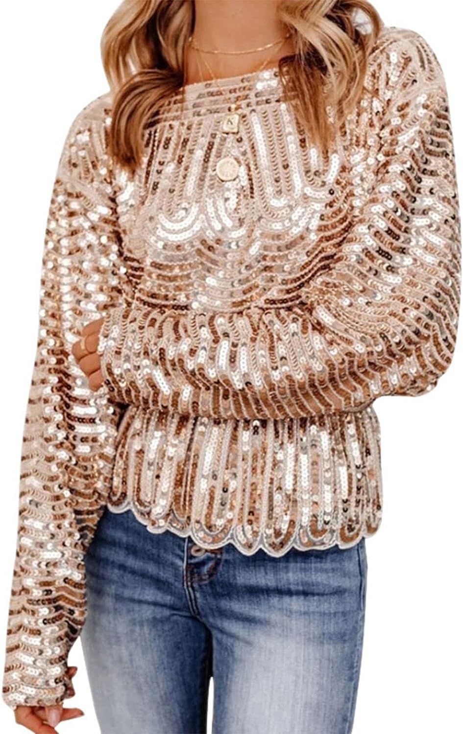 Women Sequins Top Long Sleeve Shirt Shiny Sequined Shirt Off Shoulder Casual Pullover Tops | Amazon (US)