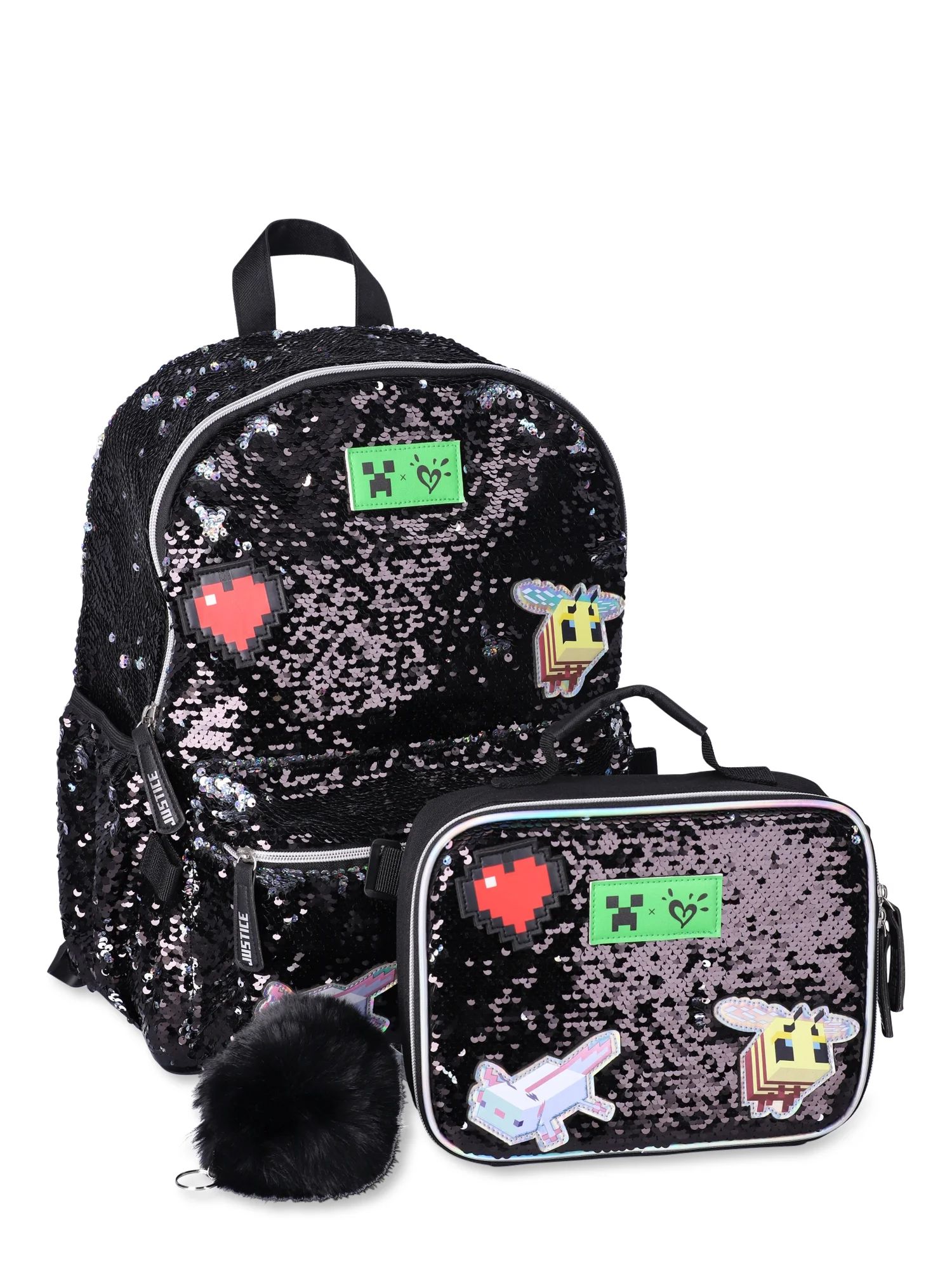 Justice Girls’ Minecraft Sequins 17" Backpack with Lunch Tote, Black | Walmart (US)