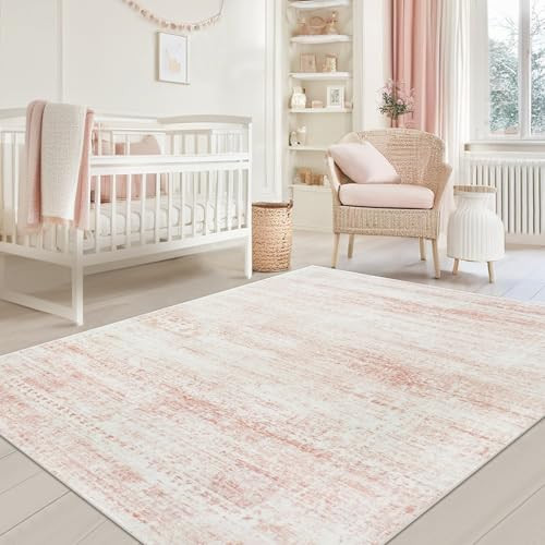 Srugn Washable Rugs 5x7 Area Rugs for Living Room,Bedroom,Dining Room- Ultra Soft Faux Wool Nursery Rug for Baby Girl,Neutral Light Pink Low Pile Vintage Carpets for Dorm Kids Playroom,Non Slip | Amazon (US)