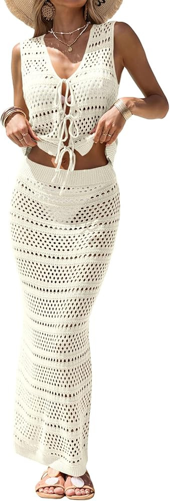 Fisoew Womens Summer Crochet Swim Cover Up 2 Piece Sleeveless Front Tie Crop Tops Beach Maxi Skir... | Amazon (US)
