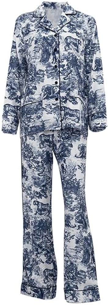 Women's Toile Print Pajama Set, Long Sleeve Button-Up Top and Pants, Blue and White | Amazon (US)