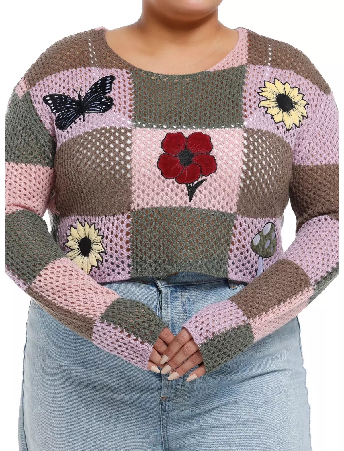 Thorn & Fable Pink & Brown Checker Patches Girls Crop Knit Sweater Plus Size | Hot Topic