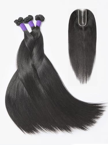 LUVME Bundles Human Hair with Deep Part 2x6 HD Lace Straight Closure with 3 Bundles 12A Brazilian Remy Hair Bundles with Closure Human Hair Extensions (22 24 26+20 inch Closure) | Amazon (US)