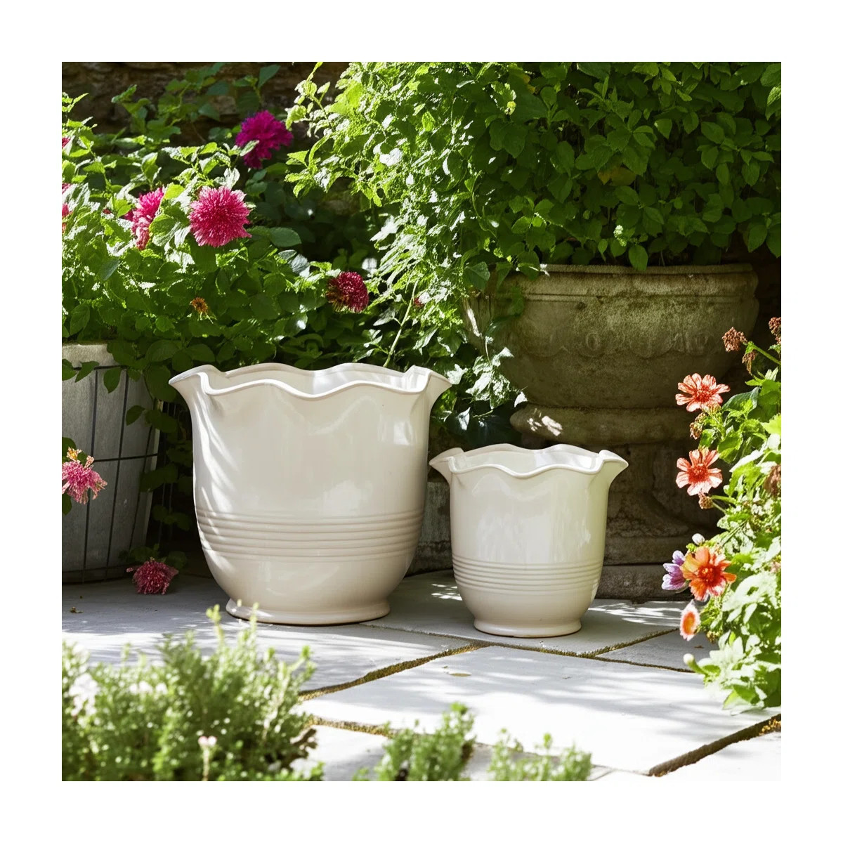 Planter Ceramic Scalloped Rim Ribbed Design Set Of 2 (Set of 2) | Wayfair North America