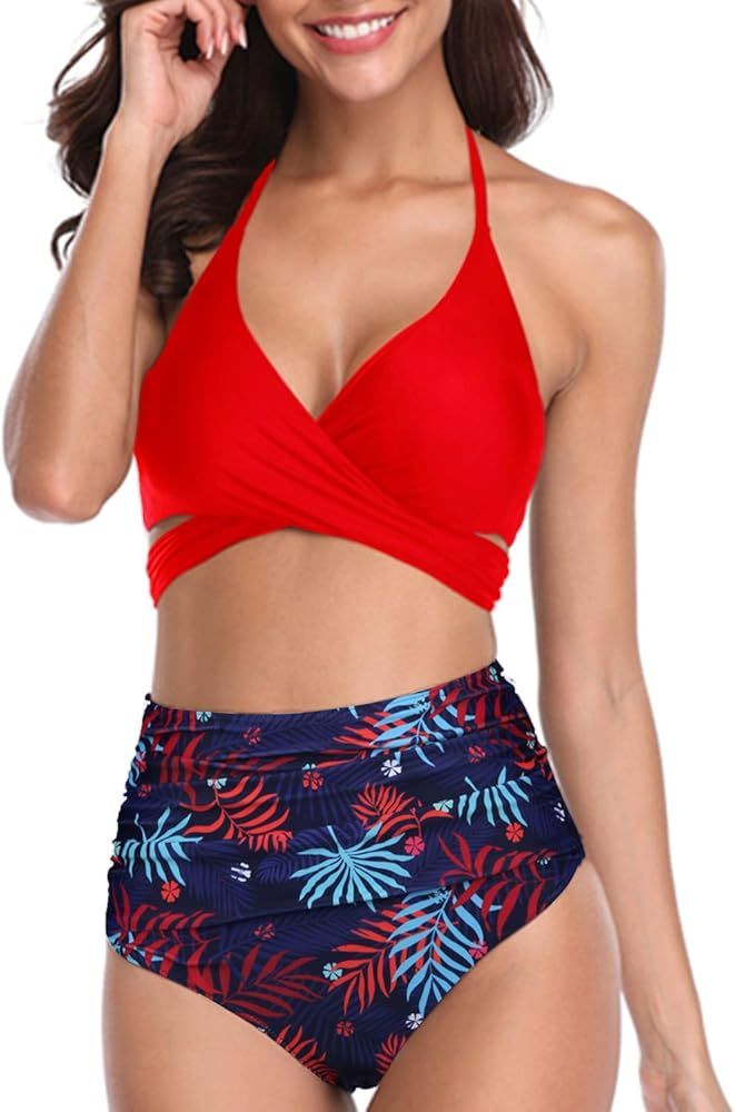 Women High Waisted Bikini Set Halter Two Piece Strappy Swimsuits | Amazon (US)