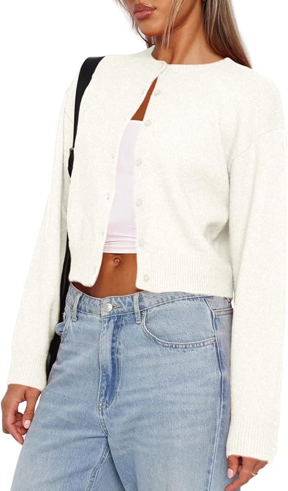 Balimtoy Women's Cropped Cardigan Sweaters Long Sleeve Button Down Sweaters Knit Cardigan Cute Y2... | Amazon (US)
