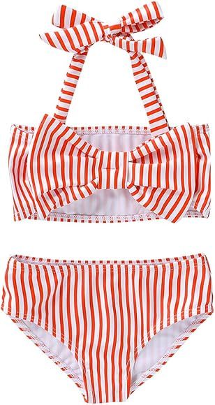 Toddler Baby Girls Swimsuit Off Shoulder Stripe Halter Two Piece Bikini Bathing Suit Swinwear Bea... | Amazon (US)