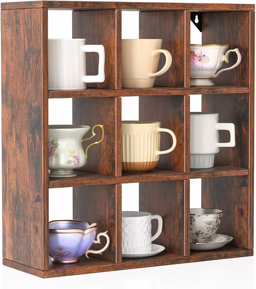 Helsin 9 Grid Vintage Coffee Mug Display Rack, 16inch Wall Mounted Wooden Curio Shadow Box Shelf,... | Amazon (US)