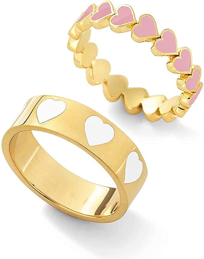 2PCS Colorful Heart Ring Gold Band Rings Set for Women Girl Couple. Cute Love Heart Plain Stackab... | Amazon (US)