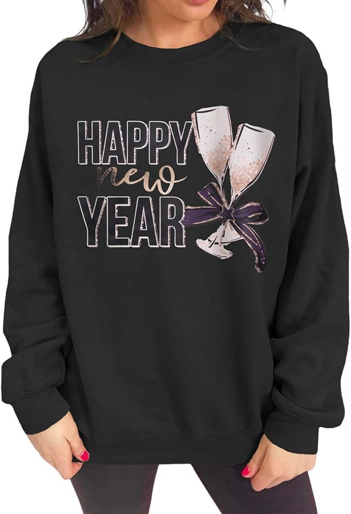 SOFEON Womens Happy New Year Sweatshirts Glass Bow Tie Graphic Long Sleeve Shirts Crewneck Pullov... | Amazon (US)