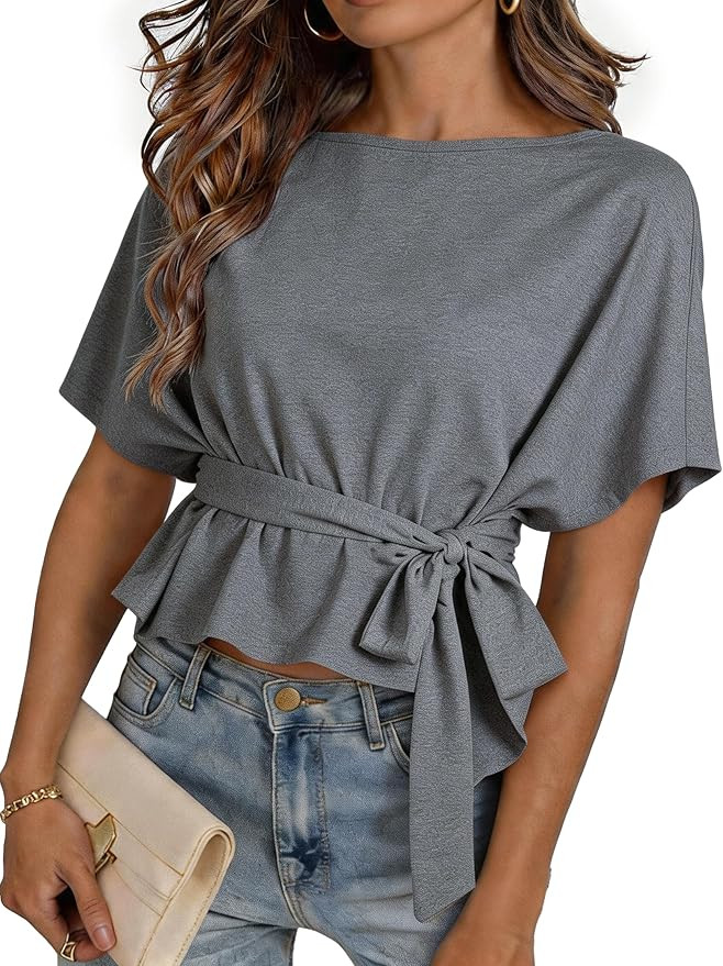Womens Summer Tie Front Blouses 2026 Crew Neck Batwing Short Sleeve Basic Tops Shirts | Amazon (US)