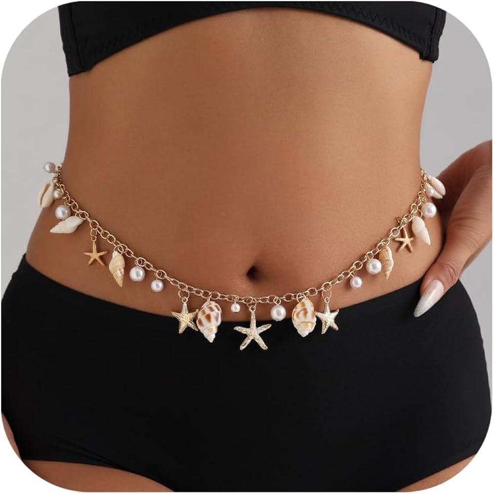 Todenb Sea Shell Starfish Waist Chians for Women Boho Conch Pearl Body Chains Waterproof Summer B... | Amazon (US)