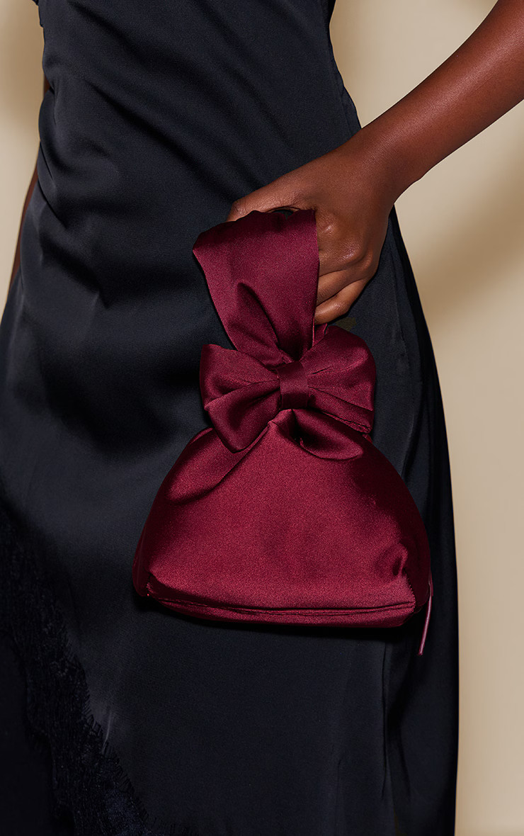 Burgundy Satin Bow Detail Clutch Bag | PrettyLittleThing UK