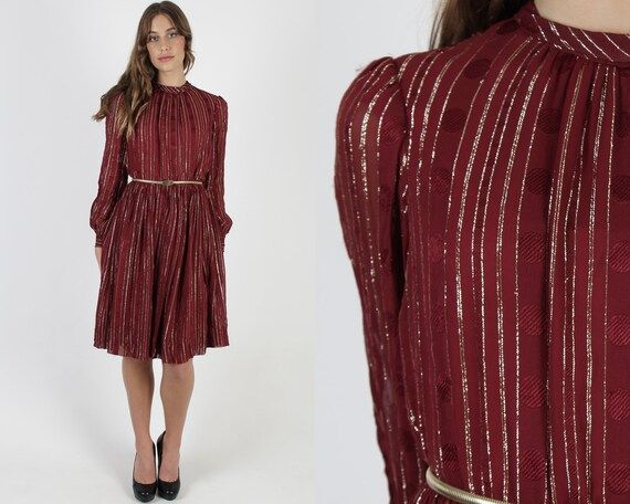 Burgundy Chiffon Dress / Vintage 80s Maroon Metallic Dress / | Etsy | Etsy (US)
