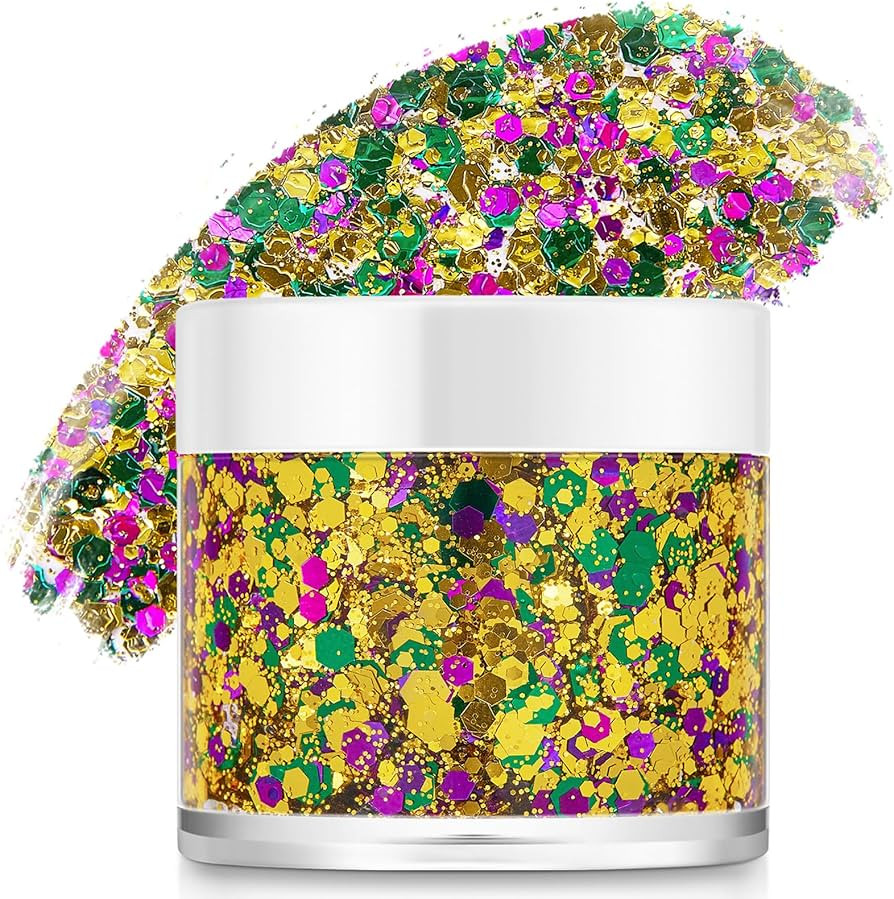 Mardi Gras Face Glitter,Green Purple Gold Mixed Holographic Chunky Body Glitter Gel,Mardi Gras Gl... | Amazon (US)