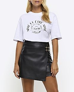 Black faux leather buckle wrap mini skirt | River Island (US)