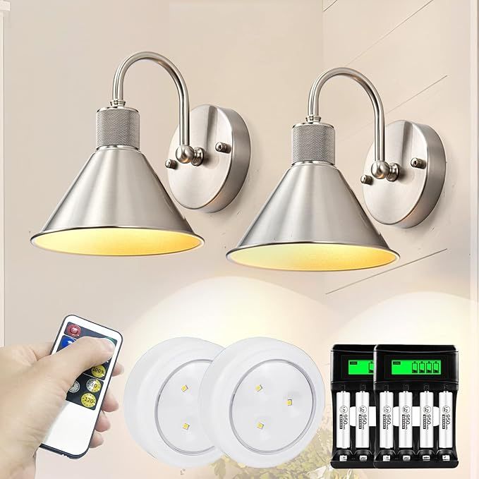 Wall Sconces Light Fixture Set Of Two, Battery Operated Wall Sconces with Remote, Indoor Not Hard... | Amazon (US)