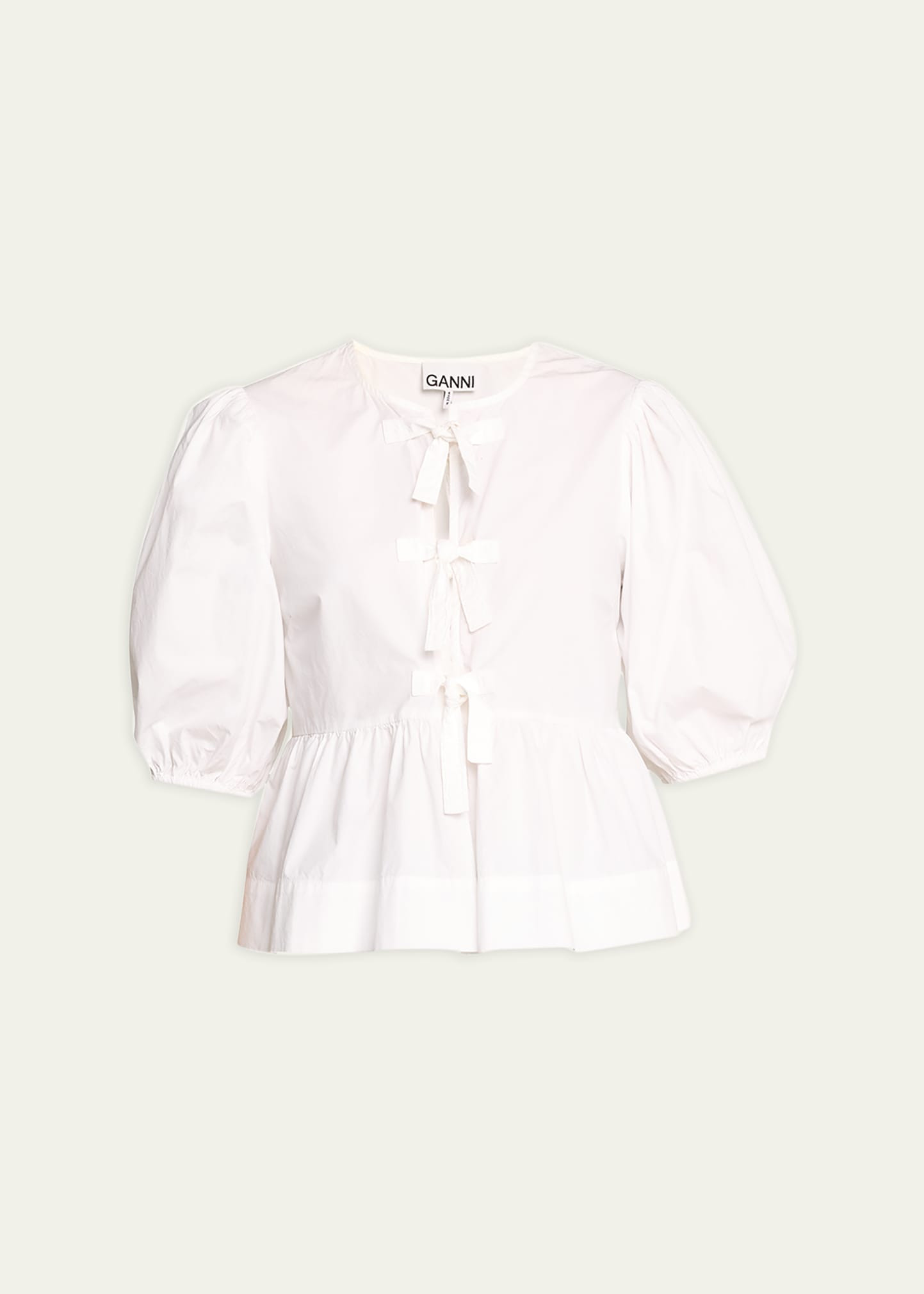 Ganni Poplin Front-Tie Peplum Blouse with Puffed-Sleeves | Bergdorf Goodman