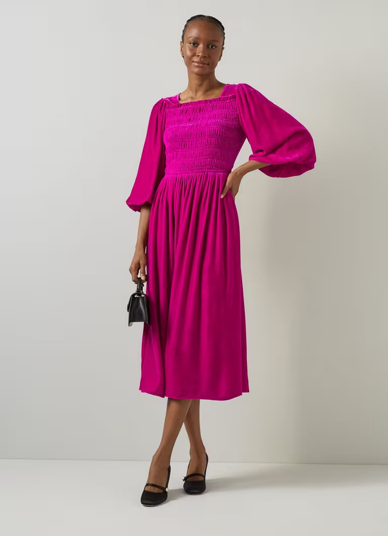 Callista Magenta Smocked Fluid Velvet Dress | L.K. Bennett (UK)