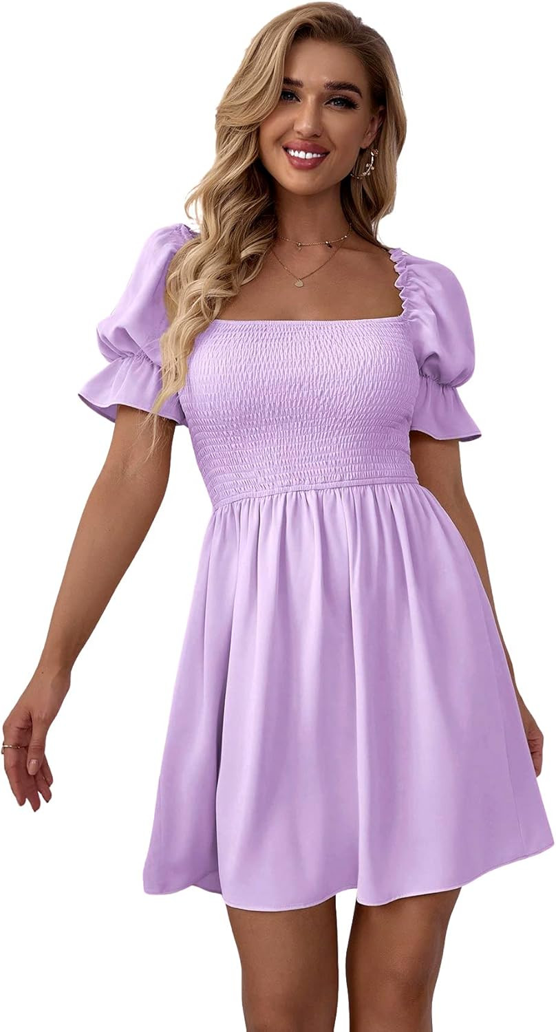 WDIRARA Women's Square Neck Flounce Short Sleeve Shirred Ruffle Hem Dress | Amazon (US)