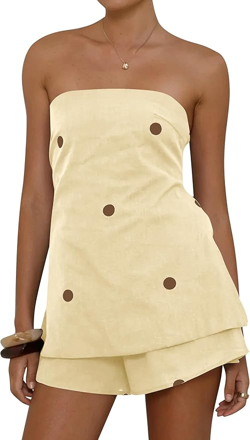 TERIVEEK Women Polka Dot Two Piece Set Summer Lounge Set Smocked Strapless Top Shorts Matching Se... | Amazon (US)