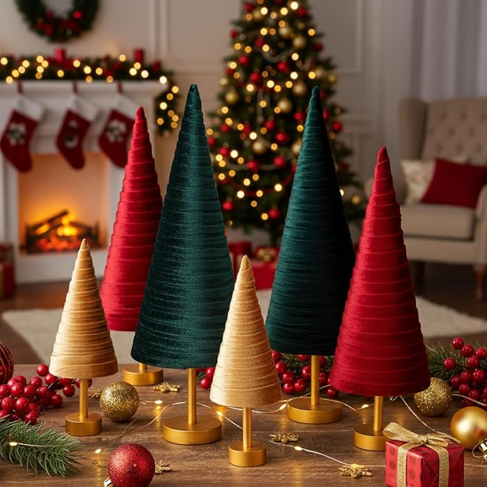 Hoolerry 6 Pcs Christmas Velvet Trees with Gold Pedestal Christmas Velvet Cones Tree Mantel Decor... | Amazon (US)