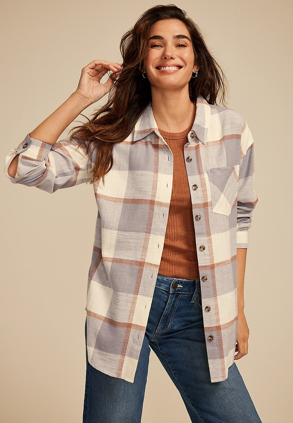 Cabin Plaid Boyfriend Tunic Button Down Shirt | Maurices