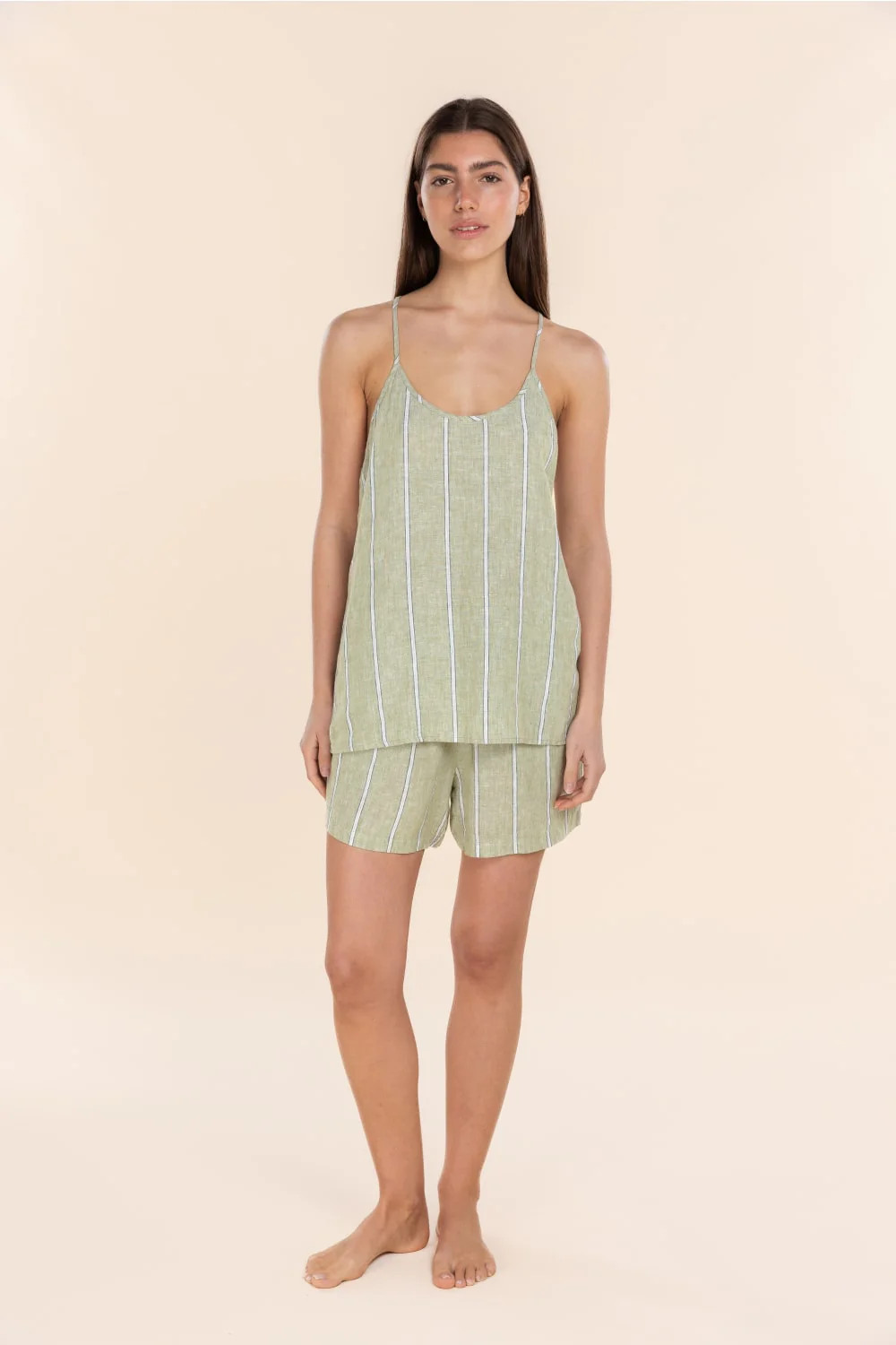 Polly Linen Cami Set Olive Stripe | Women’s 100% Linen Resort Sleepwear | Gingerlilly (AU)