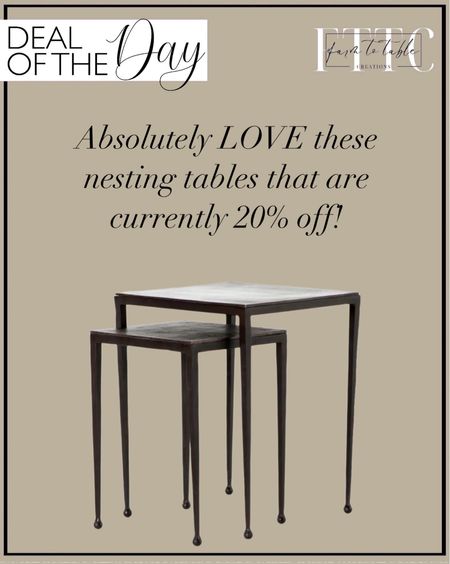 Deal of the Day. Follow @farmtotablecreations on Instagram for more inspiration.

I absolutely love these beautiful nesting tables and need to find a spot for them! They are currently on sale. 

Wayfair Home | Wayfair Home Finds | Wayfair Clearance Deals | Fourth of July Sale 




#LTKHome #LTKSaleAlert #LTKStyleTip