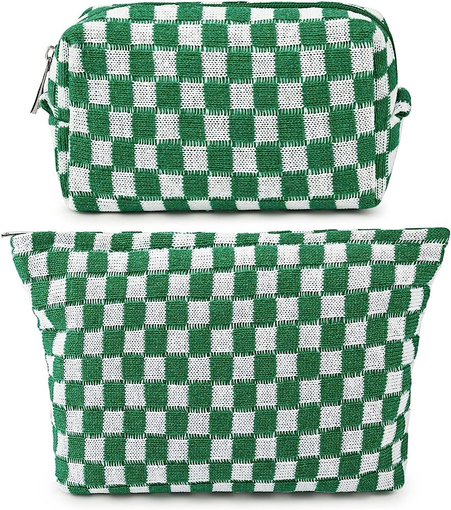 SOIDRAM 2 Pieces Makeup Bag Large Checkered Cosmetic Bag Green Capacity Canvas Travel Toiletry Bag O | Amazon (US)
