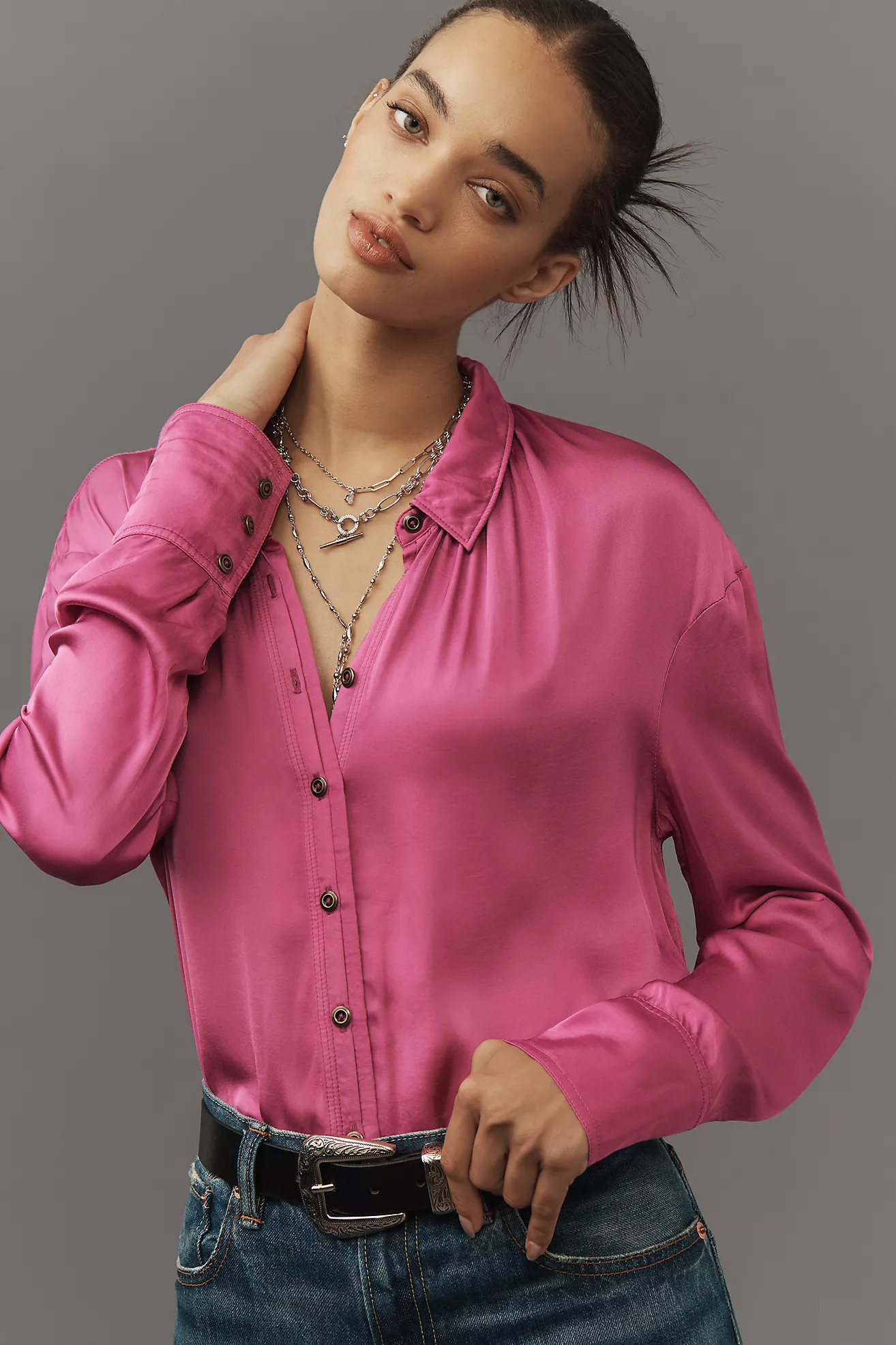 Pilcro Cropped Satin Buttondown Blouse | Anthropologie (US)
