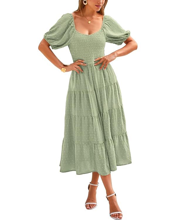 PRETTYGARDEN Women's Summer Casual Midi Dress Puff Sleeve Swiss Dot Long Flowy A Line Dresses | Amazon (US)