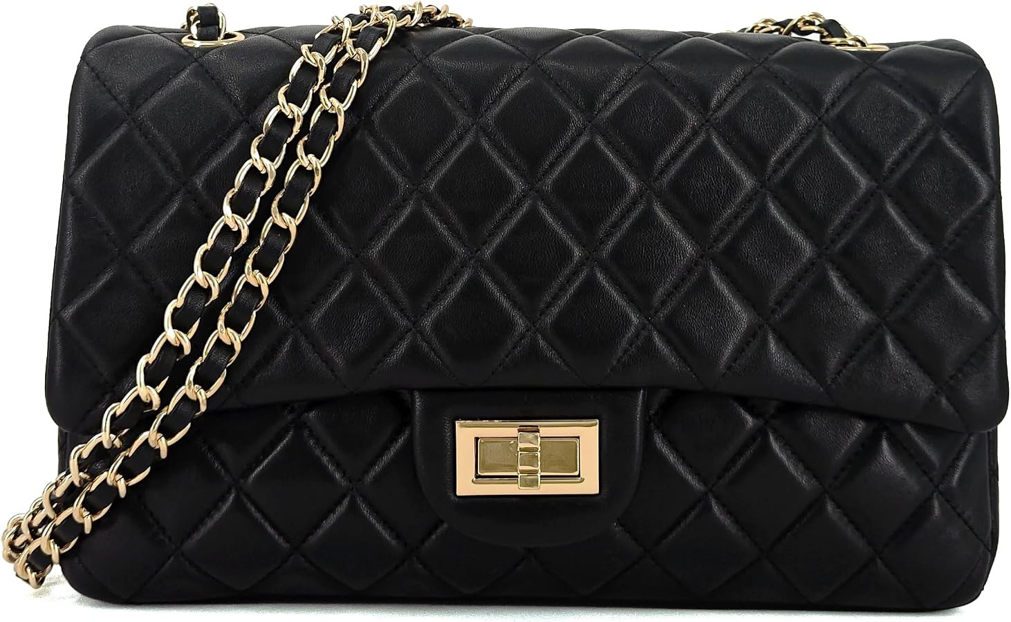 Quilted Lambskin Leather Crossbody Bag for Women, Classic Single Flap Shoulder Purse with Double ... | Amazon (US)