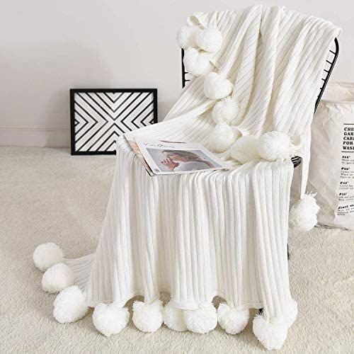 Fomoom Throw Blanket for Couch, 40 x 60 Inch White Pom Pom Throw Blanket Knit Blanket with Pom Po... | Amazon (US)