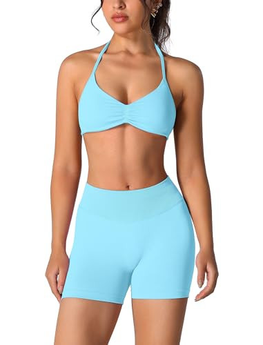ABOCIW Workout Sets for Women 2 Piece Seamless Scrunch Butt Lifting High Waist Impact Gym Shorts Matching Halter Sports Bra Active Wear Yoga Outfits #1 Ice Blue Small | Amazon (US)