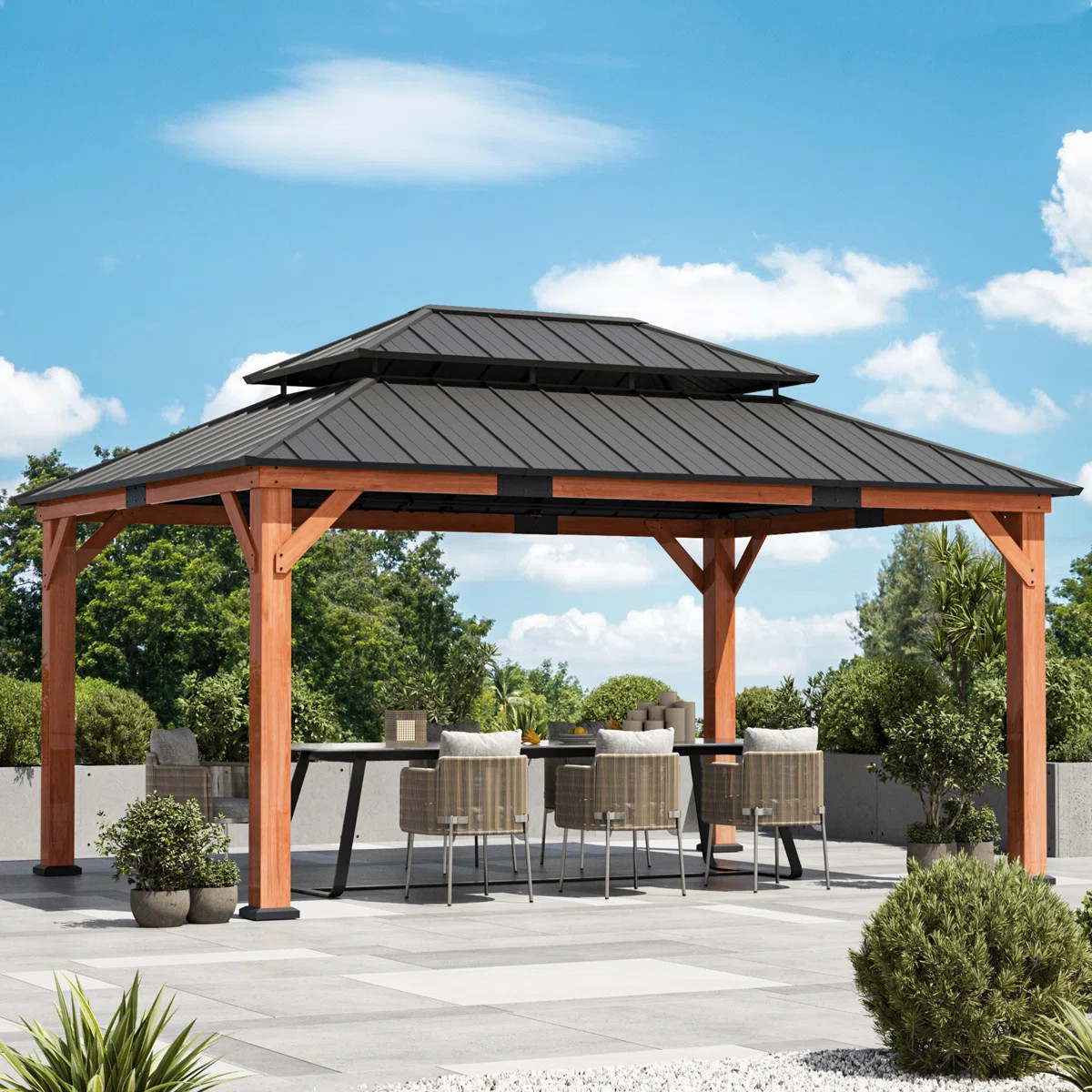 Rosewood 12 ft. x 16 ft. Premium Cedar  Wood Framed Hard Top Patio Gazebo With 2-Tier Metal Roof | Wayfair North America