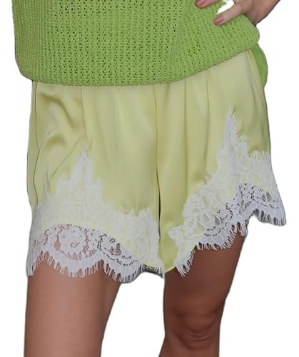 Women Satin Shorts Lace Trim Patchwork Y2K Elastic Waist Micro Coquette Silky Lounge Slip Bottoms Yellow L | Amazon (US)