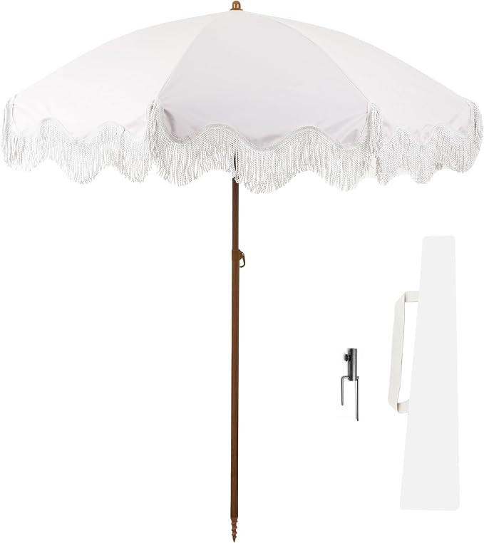 Rayjee 6.5FT Patio Umbrella with Fringe, Portable Boho Beach Umbrella with UV Protection, Tilt & ... | Amazon (US)