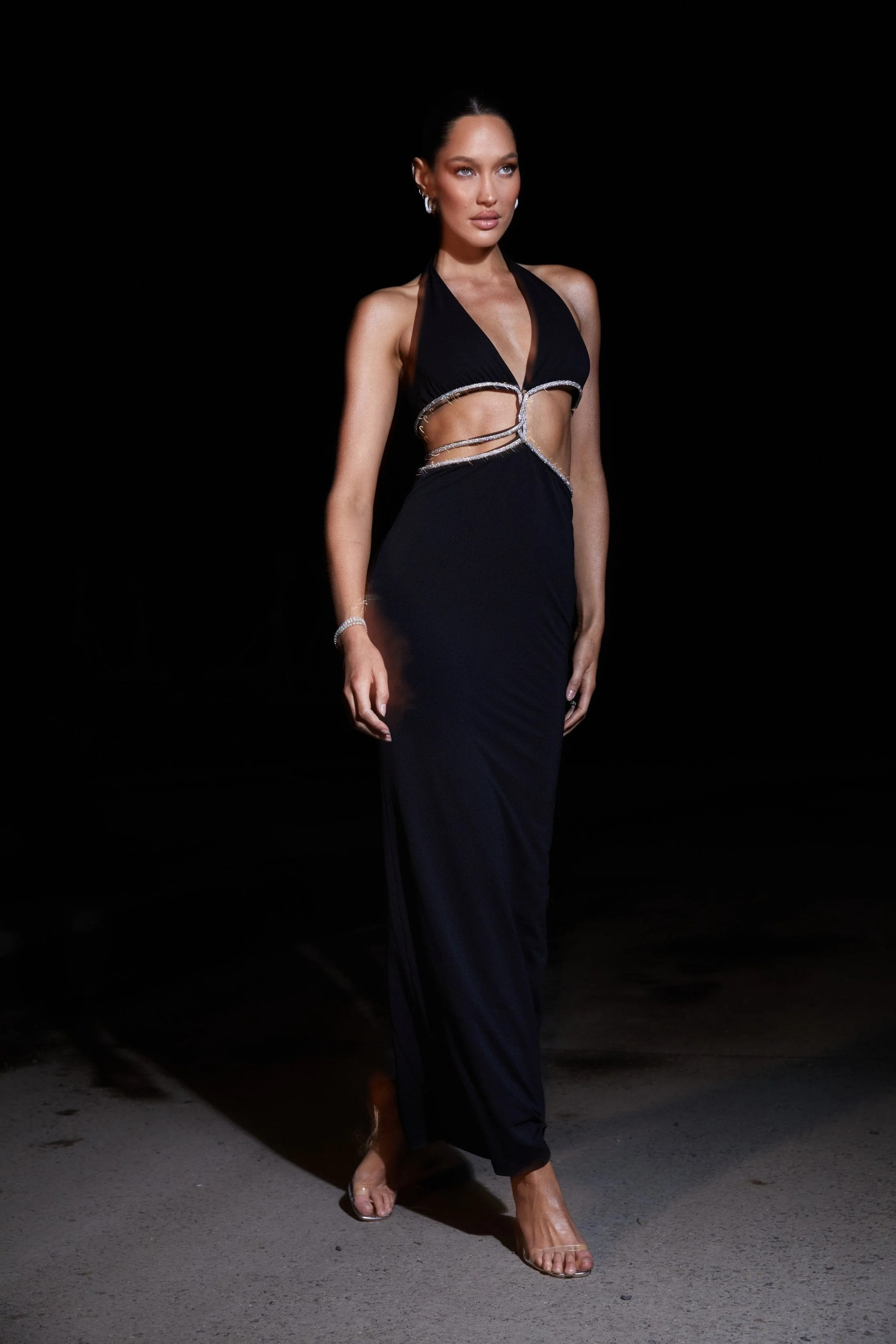 Nicha Diamante Cut Out Maxi Dress - Black | MESHKI US