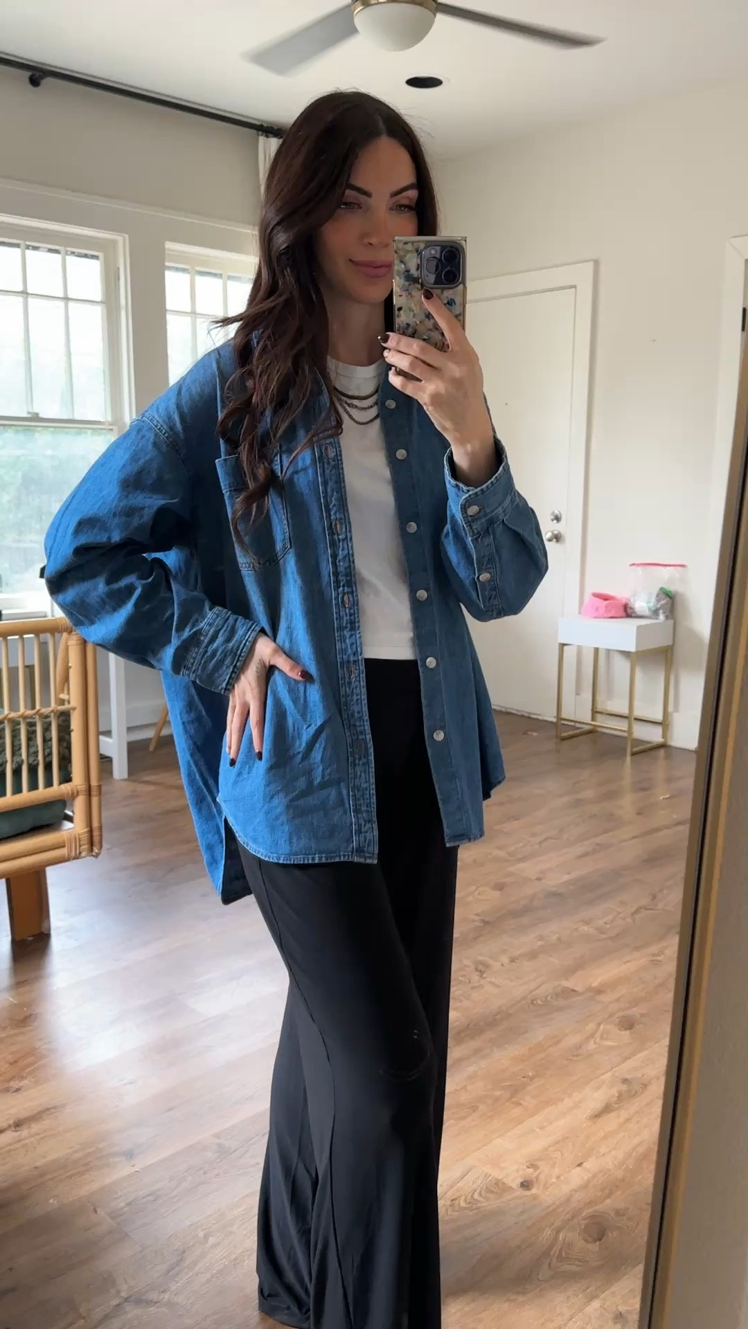 Trust me when I tell you these are the only pants you need for pregnancy. They look like trousers and feel like pajama pants. Non-maternity.

I’m normally a size small in these but sized up to a medium to grow into.

Denim shirt: small
T-shirt: small 

#LTKCyberWeek #LTKootd #LTKBump