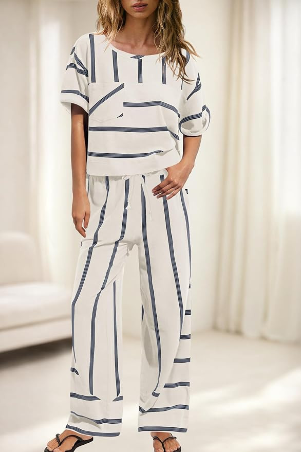 Amazon.com: Panadila Womens Striped Lounge Set 2 Piece Summer Travel Vacation Sets Short Sleeve T... | Amazon (US)